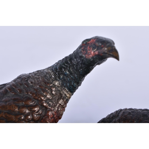 599 - AN ANTIQUE COLD PAINTED BRONZE AND ONYX DOUBLE GAME BIRD ASHTRAY. 13 cm x 7 cm.