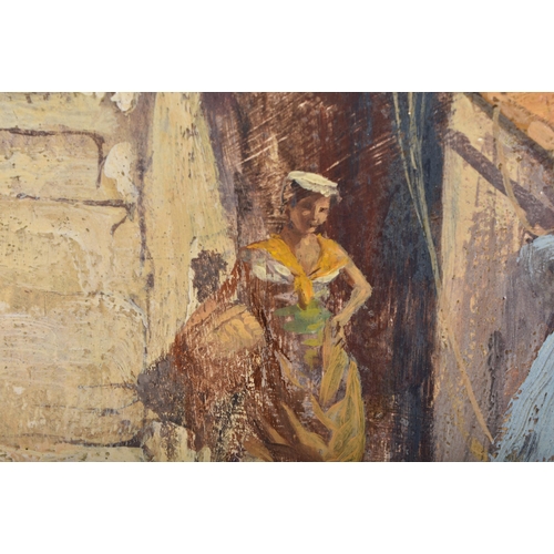 615 - Italian School (Early 20th Century) Oil on board, Figures before a building. 64 cm x 50 cm.