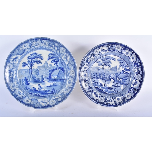 617 - THREE ANTIQUE BLUE AND WHITE POTTERY PLATES together with a French Gien dish. 24 cm wide. (4)