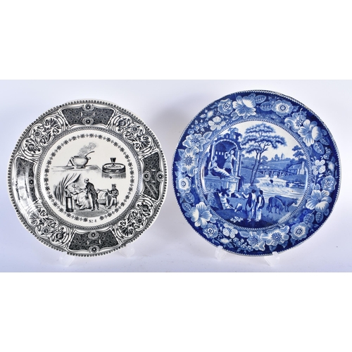 617 - THREE ANTIQUE BLUE AND WHITE POTTERY PLATES together with a French Gien dish. 24 cm wide. (4)