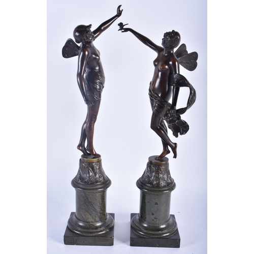 620 - Franz Rosse (1858-1900) German, Pair of bronze and marble maidens. 45cm high.