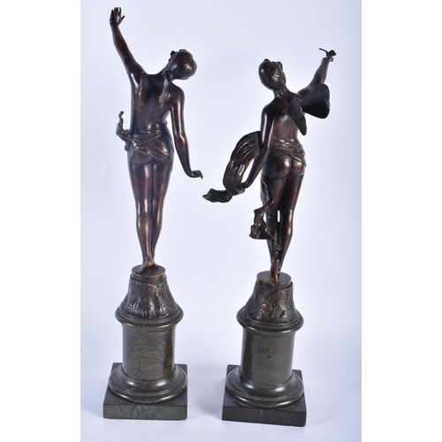 620 - Franz Rosse (1858-1900) German, Pair of bronze and marble maidens. 45cm high.