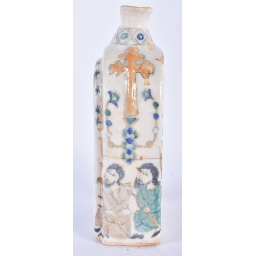 626 - A TURKISH OTTOMAN KUTAHYA POTTERY FLASK painted with saints. 23 cm x 9 cm.