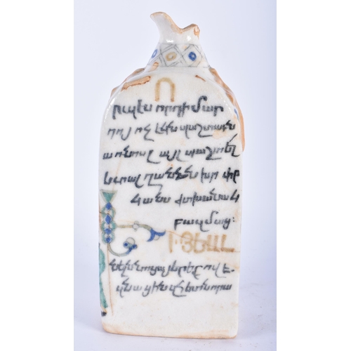 626 - A TURKISH OTTOMAN KUTAHYA POTTERY FLASK painted with saints. 23 cm x 9 cm.