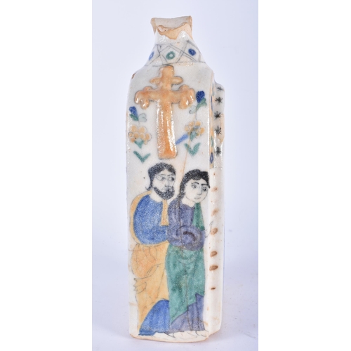 626 - A TURKISH OTTOMAN KUTAHYA POTTERY FLASK painted with saints. 23 cm x 9 cm.