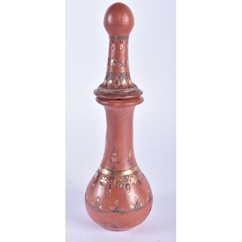 627 - A TURKISH TOPHANE POTTERY FLASK AND COVER. 23 cm high.