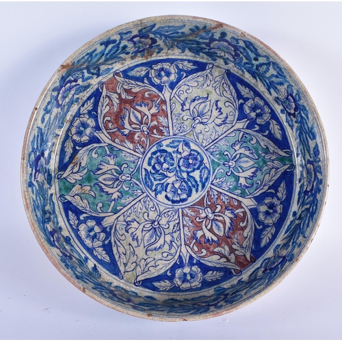 63 - A RARE LARGE 19TH CENTURY MIDDLE EASTERN ISLAMIC IZNIK TYPE POTTERY BASIN painted with panels of fol... 