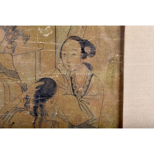 644 - Chinese School (19th Century) Watercolour on gold paper, figures in an interior. 118 cm x 35 cm.