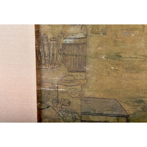 644 - Chinese School (19th Century) Watercolour on gold paper, figures in an interior. 118 cm x 35 cm.