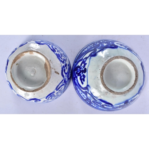 655 - TWO ANTIQUE PERSIAN SAFAVID BLUE AND WHITE POTTERY BOWLS. Largest 18cm wide. (2)