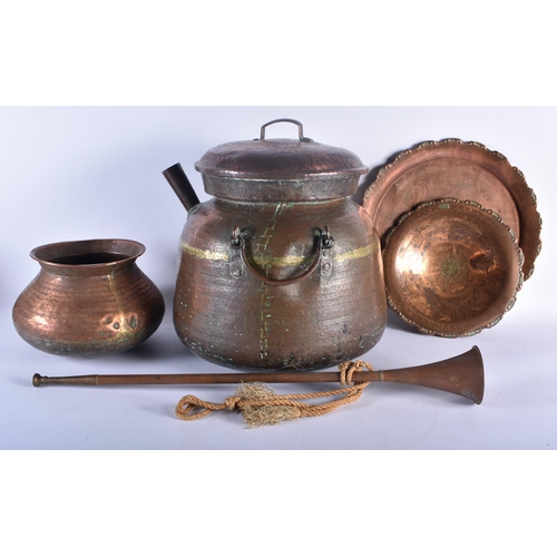 657 - A LARGE EARLY 20TH CENTURY MALAYSIAN HAMMERED COPPER COOKING POT together with other dishes & a Vict... 