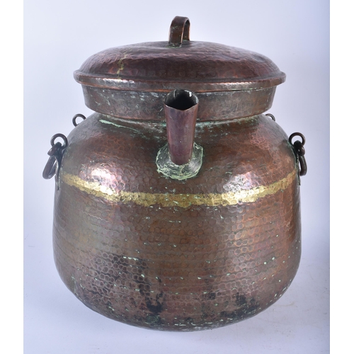 657 - A LARGE EARLY 20TH CENTURY MALAYSIAN HAMMERED COPPER COOKING POT together with other dishes & a Vict... 