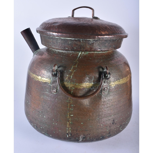 657 - A LARGE EARLY 20TH CENTURY MALAYSIAN HAMMERED COPPER COOKING POT together with other dishes & a Vict... 