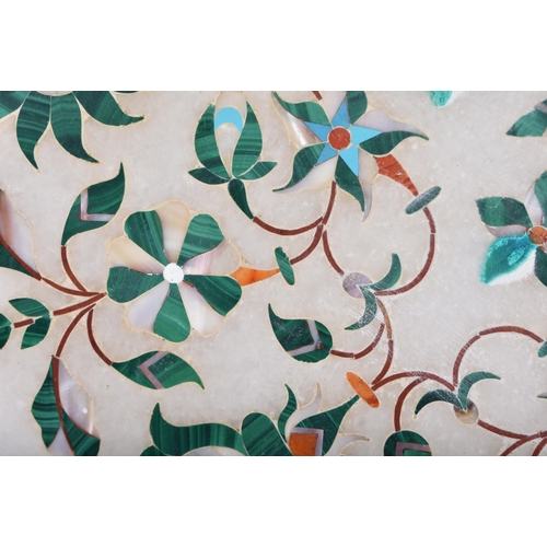 665 - AN INDIAN AGRA MARBLE MALACHITE INSET MOTHER OF PEARL TILE TABLE TOP. 32 cm square.