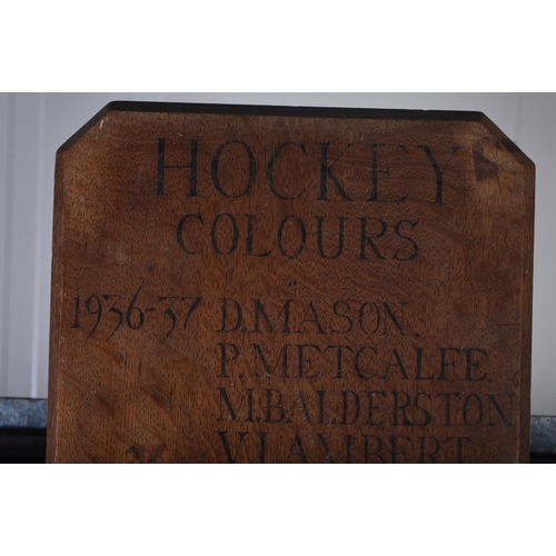 667 - A LARGE 1930S SCHOOL HOCKEY CLUB WOODEN PRESENTATION BOARD. 100 cm x 18cm.