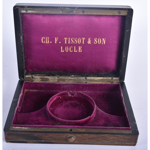 668 - AN ANTIQUE FRENCH TISSOT & SON WATCH & CHAIN BOX. 14 cm x 10 cm.