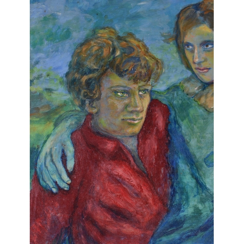 67 - European School (20th Century) Oil on board, possibly Irish, Lovers in a landscape. 90 cm x 70 cm.