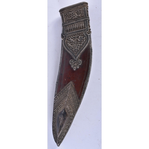 670 - A 19TH CENTURY MIDDLE EASTERN INDIAN SILVER MOUNTED LEATHER CASED KNIFE. 35 cm long.