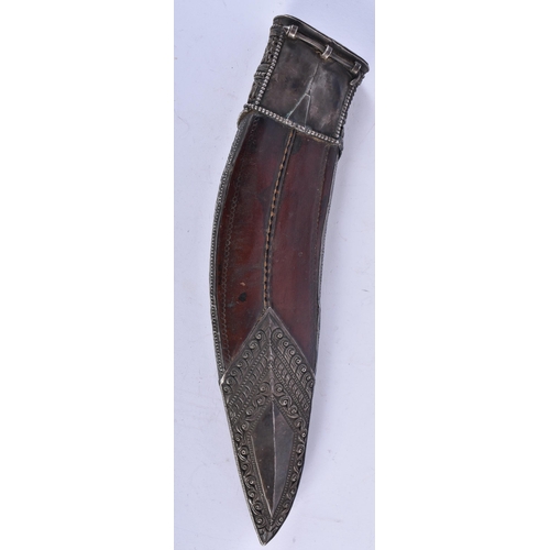 670 - A 19TH CENTURY MIDDLE EASTERN INDIAN SILVER MOUNTED LEATHER CASED KNIFE. 35 cm long.