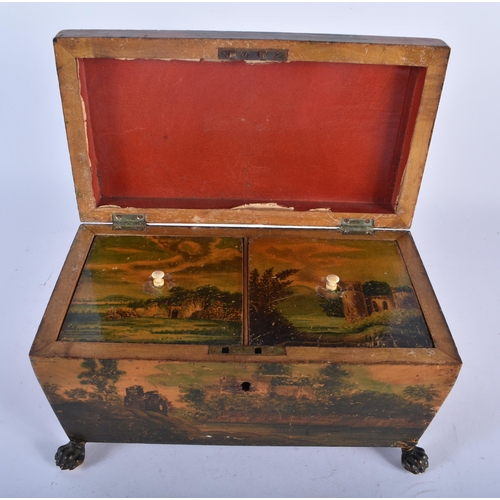 671 - A MID 19TH CENTURY ENGLISH PEN WORK RECTANGULAR FORM TEA CADDY decorated with landscapes. 24 cm x 14... 