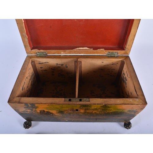 671 - A MID 19TH CENTURY ENGLISH PEN WORK RECTANGULAR FORM TEA CADDY decorated with landscapes. 24 cm x 14... 