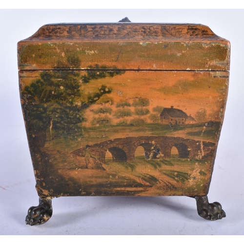 671 - A MID 19TH CENTURY ENGLISH PEN WORK RECTANGULAR FORM TEA CADDY decorated with landscapes. 24 cm x 14... 