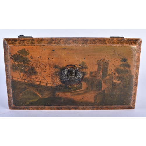 671 - A MID 19TH CENTURY ENGLISH PEN WORK RECTANGULAR FORM TEA CADDY decorated with landscapes. 24 cm x 14... 