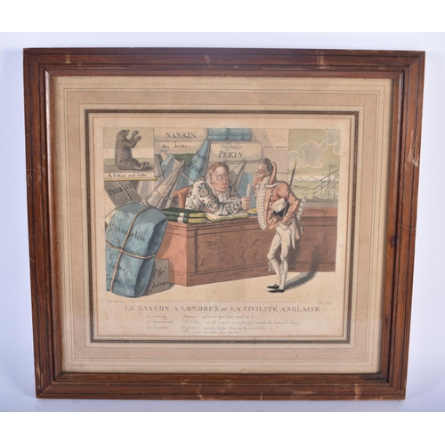 681 - AN 18TH/19TH CENTURY FRENCH COLOURED SATIRICAL ENGRAVING. 42 cm x 42 cm.