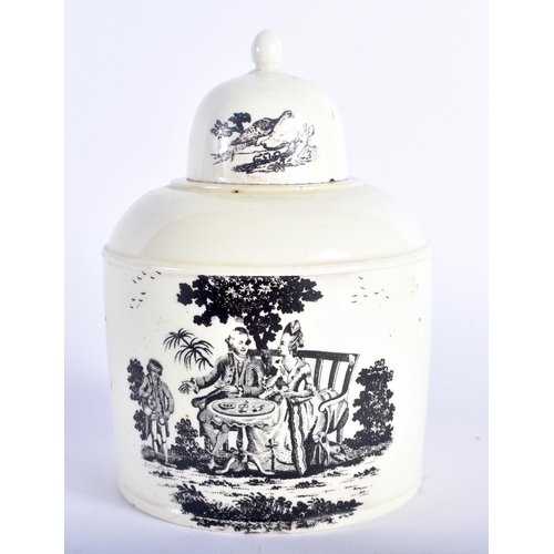 686 - AN 18TH CENTURY CREAMWARE TEA CADDY AND COVER printed with Hancock style scenes. 13 cm x 7 cm.