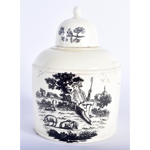 686 - AN 18TH CENTURY CREAMWARE TEA CADDY AND COVER printed with Hancock style scenes. 13 cm x 7 cm.