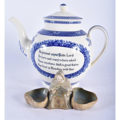 689 - A WEDGWOOD COMMEMORATIVE BLUE AND WHITE TEAPOT AND COVER together with a figural ceramic salt. Large... 