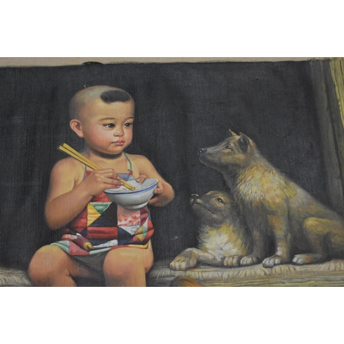 69 - Zhou Kang (20th Century) Chinese, Oil on canvas, Street scene. 98 cm x 90 cm