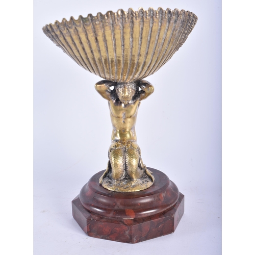 691 - A MID 19TH CENTURY GILT BRONZE NEPTUNE TABLE SALT upon a marble base. 20 cm x 12 cm.