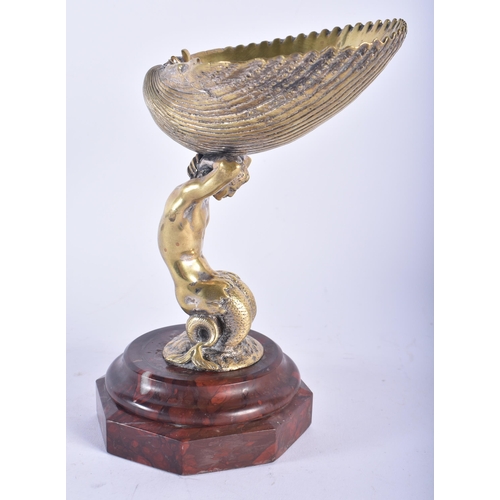 691 - A MID 19TH CENTURY GILT BRONZE NEPTUNE TABLE SALT upon a marble base. 20 cm x 12 cm.