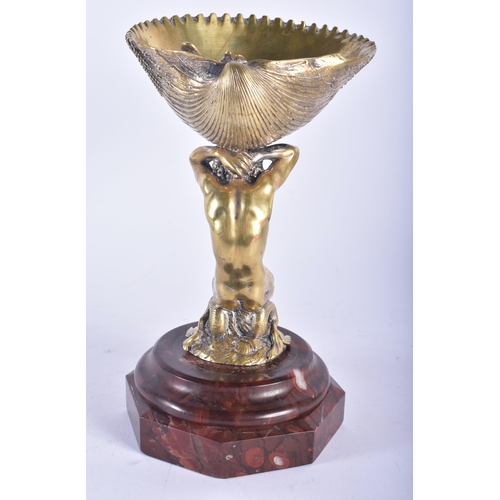 691 - A MID 19TH CENTURY GILT BRONZE NEPTUNE TABLE SALT upon a marble base. 20 cm x 12 cm.