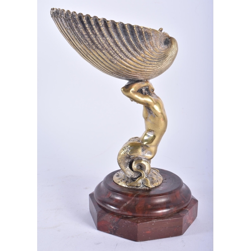 691 - A MID 19TH CENTURY GILT BRONZE NEPTUNE TABLE SALT upon a marble base. 20 cm x 12 cm.