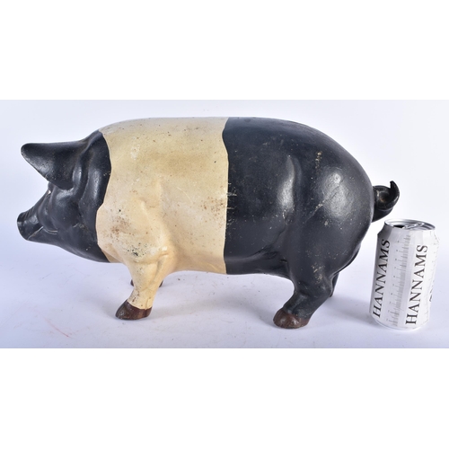 713 - A CHARMING LARGE COLD PAINTED CAST IRON FOLK ART PIG MONEY BOX. 45cm x 18cm.