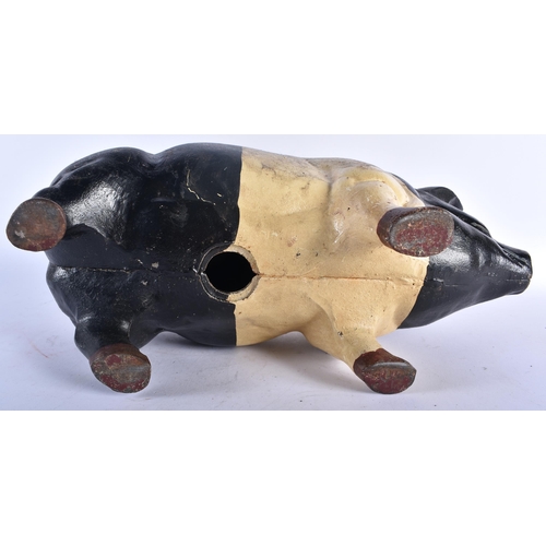 713 - A CHARMING LARGE COLD PAINTED CAST IRON FOLK ART PIG MONEY BOX. 45cm x 18cm.