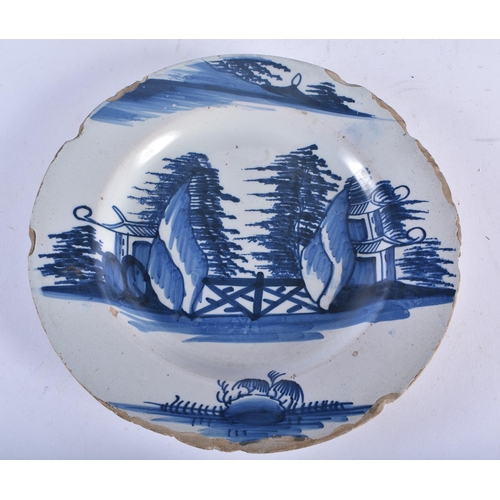 716 - THREE 18TH CENTURY DELFT TIN GLAZED POTTERY PLATES one painted with a single figure, two painted wit... 