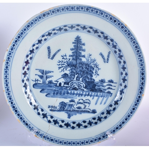 716 - THREE 18TH CENTURY DELFT TIN GLAZED POTTERY PLATES one painted with a single figure, two painted wit... 