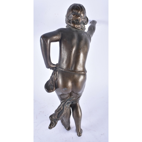 719 - AN ART NOUVEAU TWIN HANDLED PEWTER DISH together with a figural lamp. Largest 28cm high. (2)