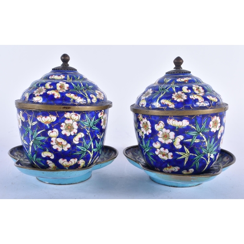 728 - A PAIR OF 19TH CENTURY CHINESE CANTON ENAMEL TEABOWLS ON STANDS Qing. 14cm x 10 cm.