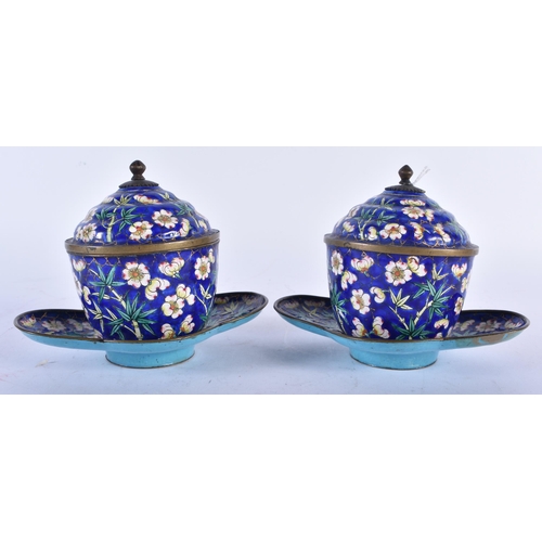 728 - A PAIR OF 19TH CENTURY CHINESE CANTON ENAMEL TEABOWLS ON STANDS Qing. 14cm x 10 cm.