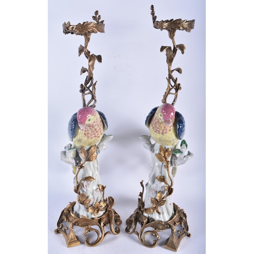 730 - A LARGE PAIR OF CONTINENTAL PORCELAIN ORMOLU AND BRONZE PARROT CANDLESTICKS. 56 cm high.