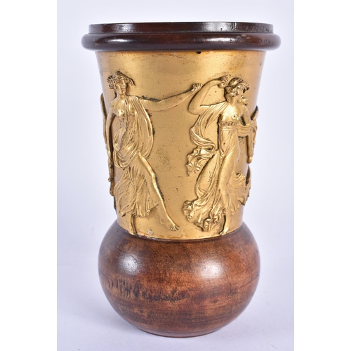 736 - A MID 19TH CENTURY ENGLISH GILT BRONZE AND TREEN CARVED GRAND TOUR BEAKER decorated with classical f... 