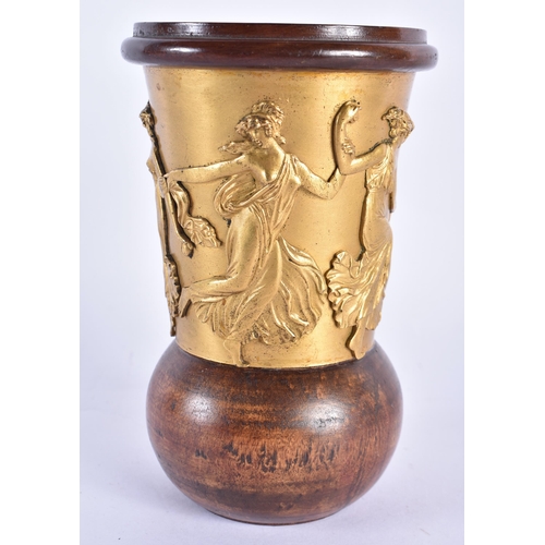 736 - A MID 19TH CENTURY ENGLISH GILT BRONZE AND TREEN CARVED GRAND TOUR BEAKER decorated with classical f... 