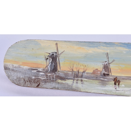 744 - AN UNUSUAL ANTIQUE PAINTED WOOD AND STEEL ICE SKATE depicting a winter snow scene. 33 cm long.