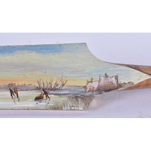 744 - AN UNUSUAL ANTIQUE PAINTED WOOD AND STEEL ICE SKATE depicting a winter snow scene. 33 cm long.