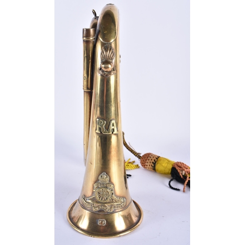 746 - A MILITARY RA 83347 BRASS BUGLE stamped F Parry. 28 cm x 13 cm.