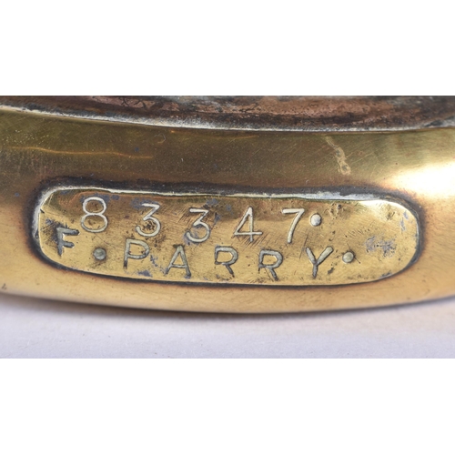 746 - A MILITARY RA 83347 BRASS BUGLE stamped F Parry. 28 cm x 13 cm.